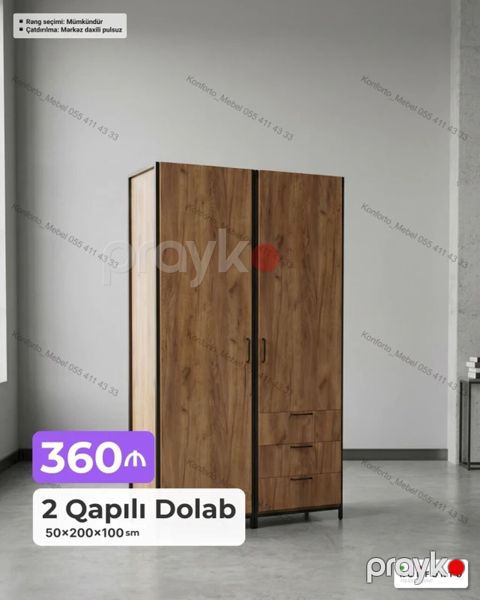İki qapılı dolab – 50×200×100 sm - Dizayn: Təbii ağac teksturalı, mat — Bakı