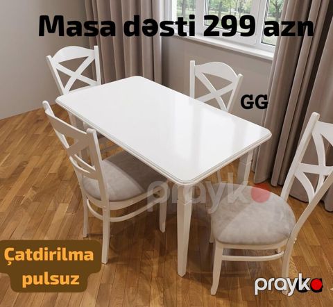 Ağ rəngdə masa dəsti – 1 masa + 4 stul. - Klassik dizayn, yumru — Mehdiabad