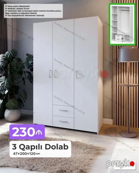 3 qapılı paltar dolabı – 47×200×120 sm - Material: laminat, 18 mm — Bakı