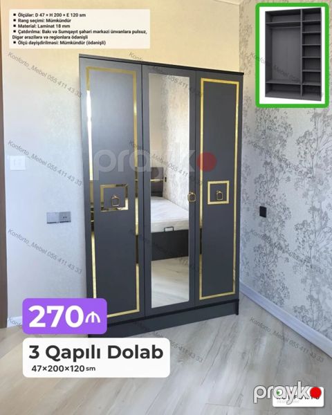 3 qapılı dolab – ölçülər: 47×200×120 sm - Material: 18 mm laminat — Bakı