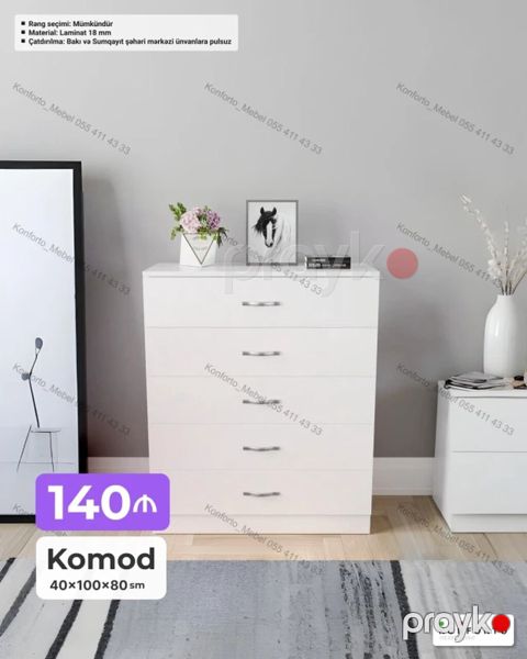 Ağ rəngdə minimalist dizaynlı komod Xüsusiyyətlər: - Ölçü: 40×100×80 — Bakı
