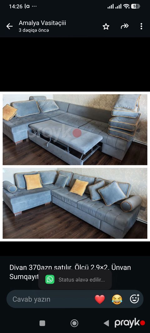 Divan 370azn satılır. Ölçü 2,9×2. Ünvan Sumqayıt (8162) aml — Bakı