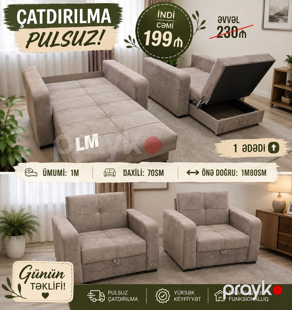 Çevrilən kreslo-çarpayi (1 ədəd) - Ölçülər: - Ümumi eni: 1 m — Kreslolar, Mehdiabad