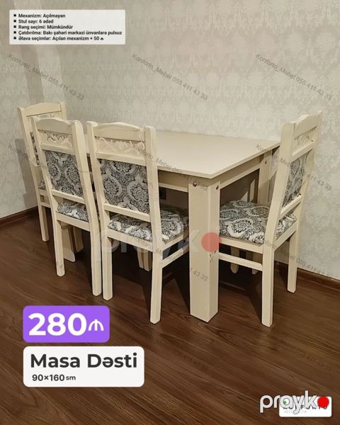Məhsul: Masa Dəsti (90×160 sm) - Komplekt: 1 masa + 6 ədəd stul — Bakı