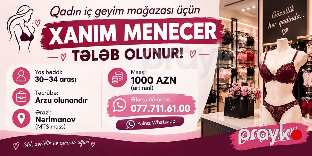 Satış meneceri tələb olunur, Yalnız qadınlar üçün, 30-45 yaş, 3-5 illik təcrübə, Ayda 2 dəfə ödəniş — Satış, Bakı
