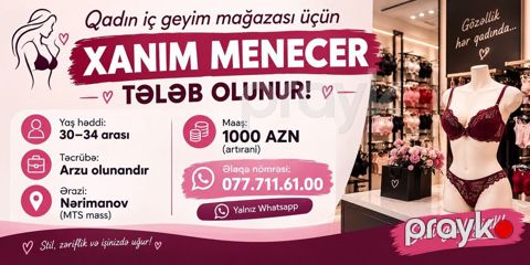 Satış meneceri tələb olunur, Yalnız qadınlar üçün, 30-45 yaş, 3-5 illik təcrübə, Ayda 2 dəfə ödəniş — Bakı