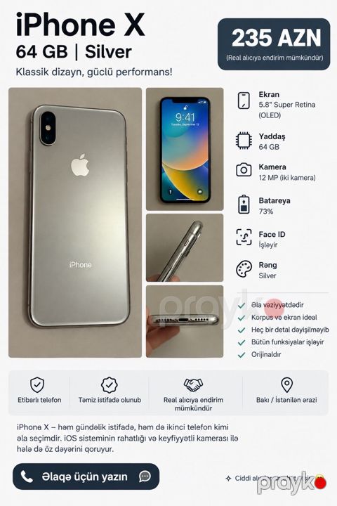 Apple iPhone X Silver 64GB/3GB — Bakı