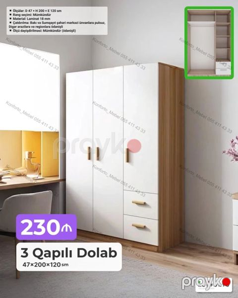 3 qapılı geyim dolabı - Ölçülər: D 47 H 200 E 120 sm (ölçü — Bakı