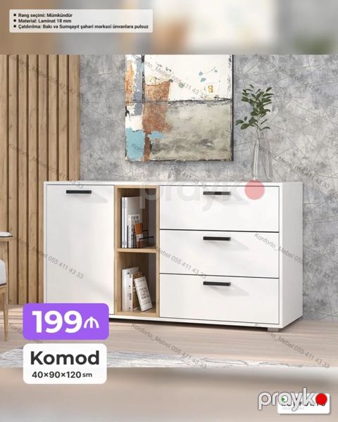 Komod – 40×90×120 sm - Minimalist dizayn, ağ korpus və taxta rəngli — Bakı