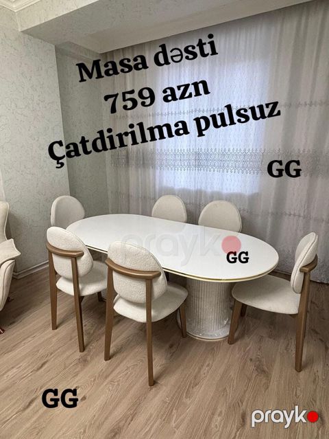 Masa dəsti – 6 nəfərlik - Oval formalı, parlaq ağ üst səthli masa — Bakı