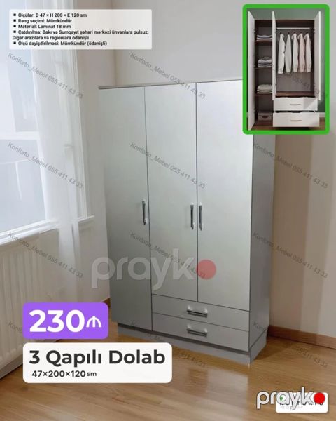 3 Qapılı Dolab – 47×200×120 sm - Ölçülər: D 47 H 200 E 120 sm — Bakı