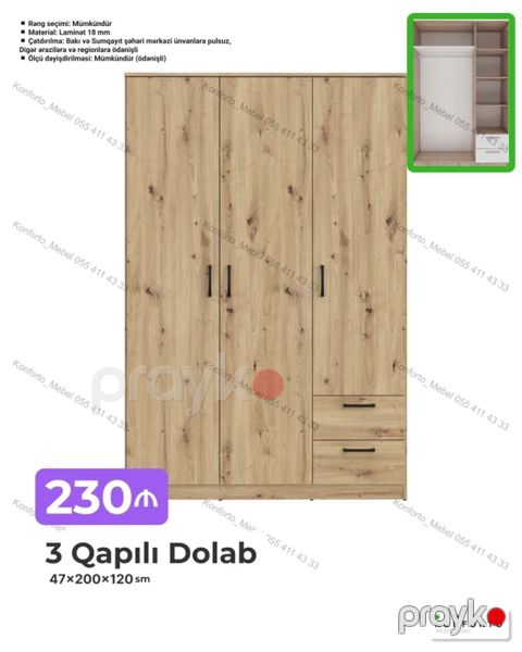 3 Qapılı Dolab — 47×200×120 sm - Material: 18 mm laminat - Rəng — Bakı