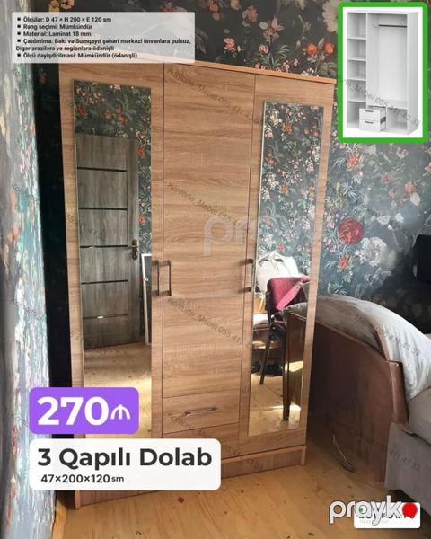 3 qapılı paltar dolabı — 47×200×120 sm Xüsusiyyətlər: - Ölçülər — Bakı