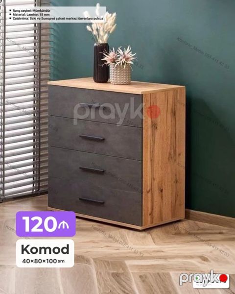 Komod – müasir dizaynlı, taxta teksturalı korpus və tünd boz ön — Bakı