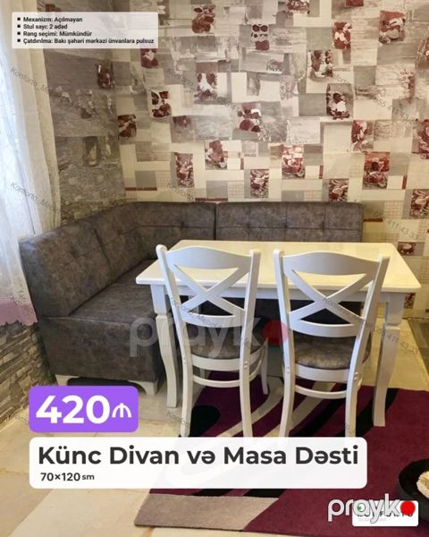 Künc Divan və Masa Dəsti – 70×120 sm Komplekt: künc divan, masa, 2 — Bakı