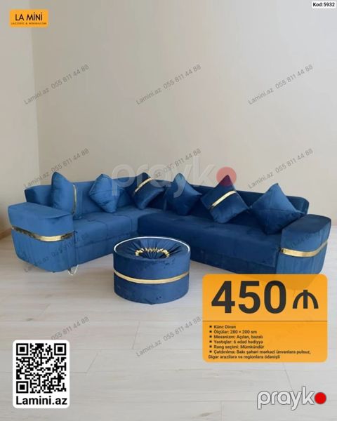 Künc divan dəsti – Kod: 5932 - Ölçü: 280 200 sm - Mexanizm: Açılan — Bakı