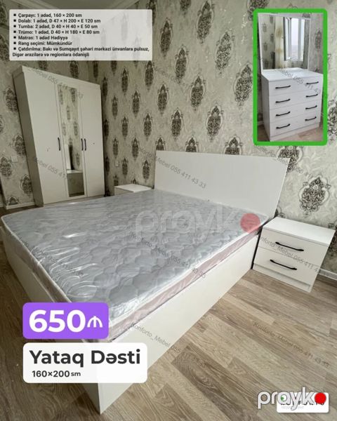Yataq Dəsti – 160×200 sm (qiymət: 650₼ şəkildə göstərilib) Komplektə — Bakı