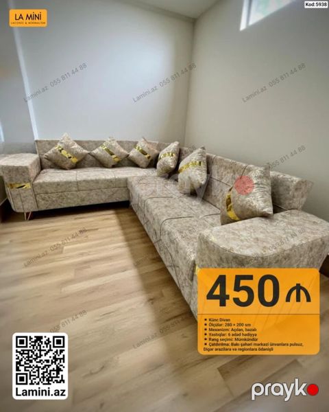 Künc divan – Kod: 5938 - Ölçülər: 280 200 sm - Mexanizm: açılan — Bakı
