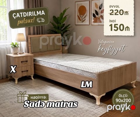 Tək nəfərlik taxta çarpayı, klassik dizaynlı başlıqla - Ölçü: 90x200 — Mehdiabad