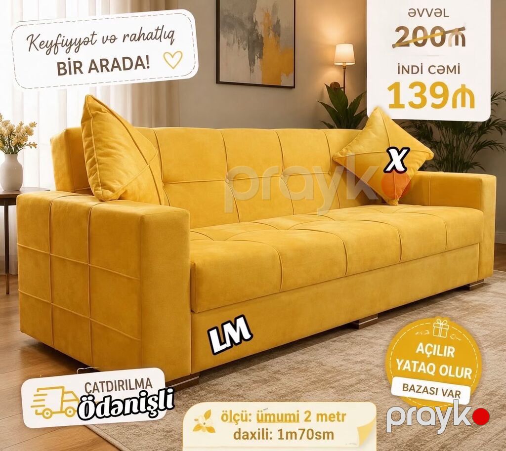 Müasir dizaynlı, parlaq sarı rəngdə açılan divan. Yataq funksiyası var — Divanlər, Mehdiabad