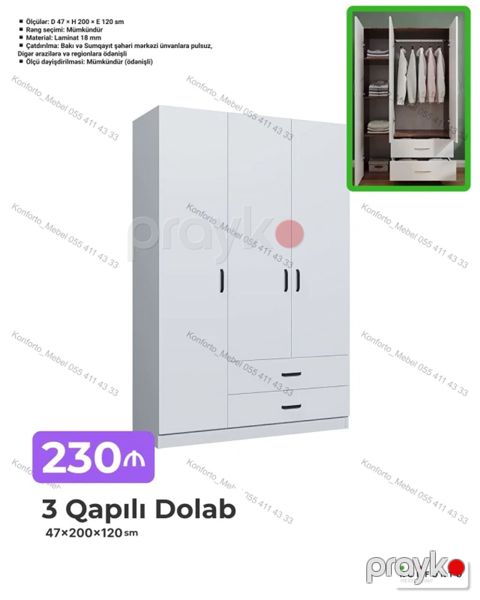 3 qapılı dolab – 47×200×120 sm Konstruksiya: 3 qapı, aşağı hissədə — Bakı
