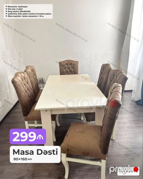 Masa Dəsti – 90×160 sm - Klassik dizaynlı yemək masası və 6 ədəd — Bakı