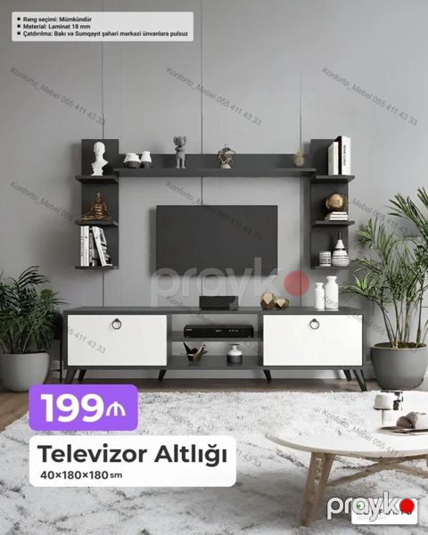 Televizor Altlığı və Divar Rafları Dəsti - Ölçü: 40 180 180 sm — Bakı