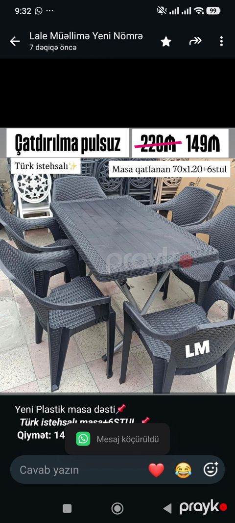 Yeni Plastik masa dəsti _*Türk istehsalı masa+6STUL*_ *Qiymət — Bakı