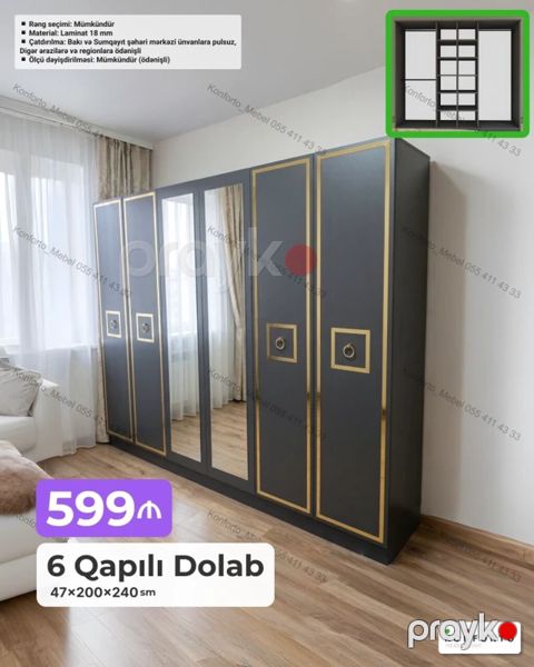6 qapılı paltar dolabı — 47×200×240 sm - Dizayn: Tünd boz korpus — Bakı