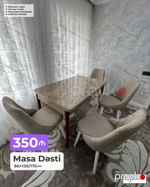 Masa dəsti – 4 stul + açılan masa - Mexanizm: açılan (ölçü 80×130/170 — Bakı