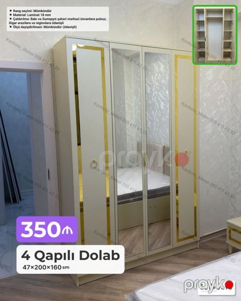 4 qapılı qarderob dolabı Ölçü: 47×200×160 sm Material: 18 mm — Bakı