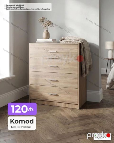 Komod – 4 çekmecəli, laminat (18 mm) materialdan. Ölçülər: 40×80×100 — Bakı