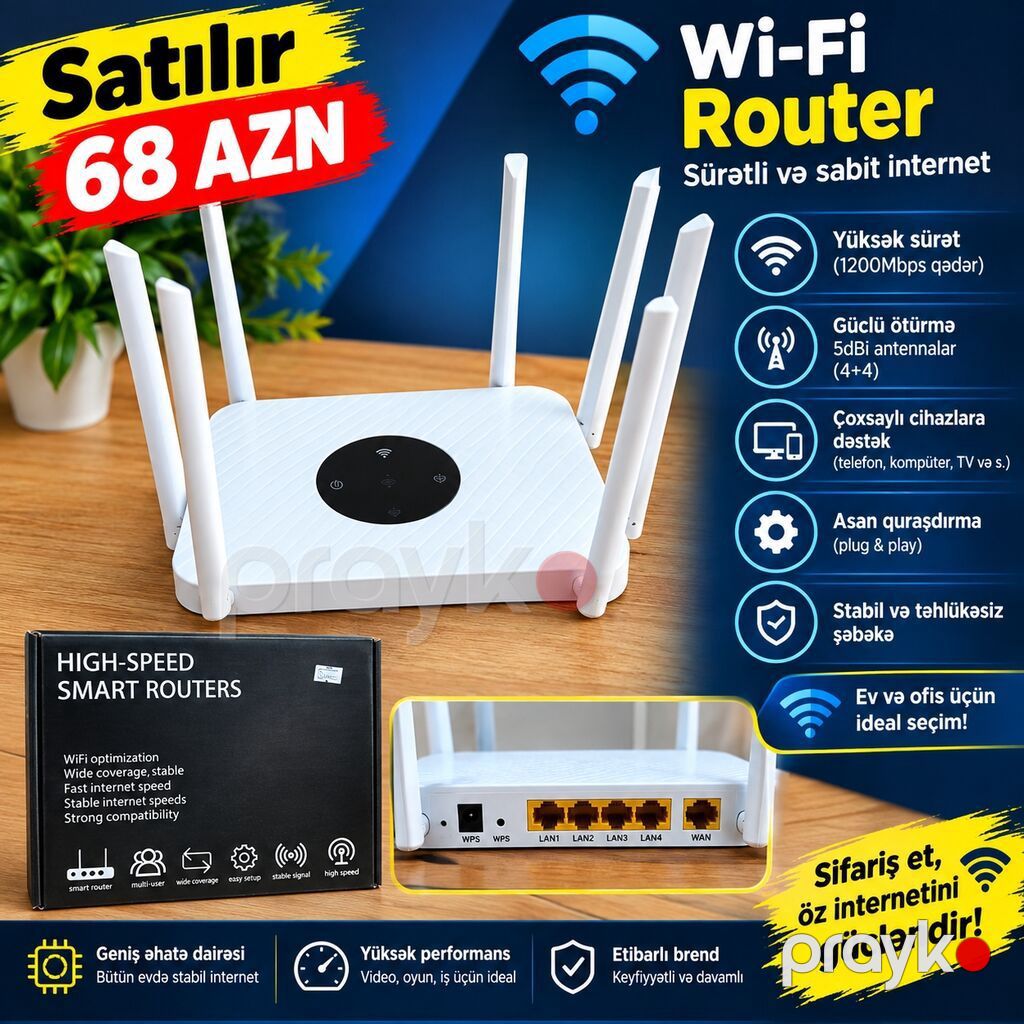 Wi‑Fi Router – sürətli və sabit internet Xüsusiyyətlər: - Sürət: 1200 — Şəbəkə və server avadanlığı, Bakı (2)