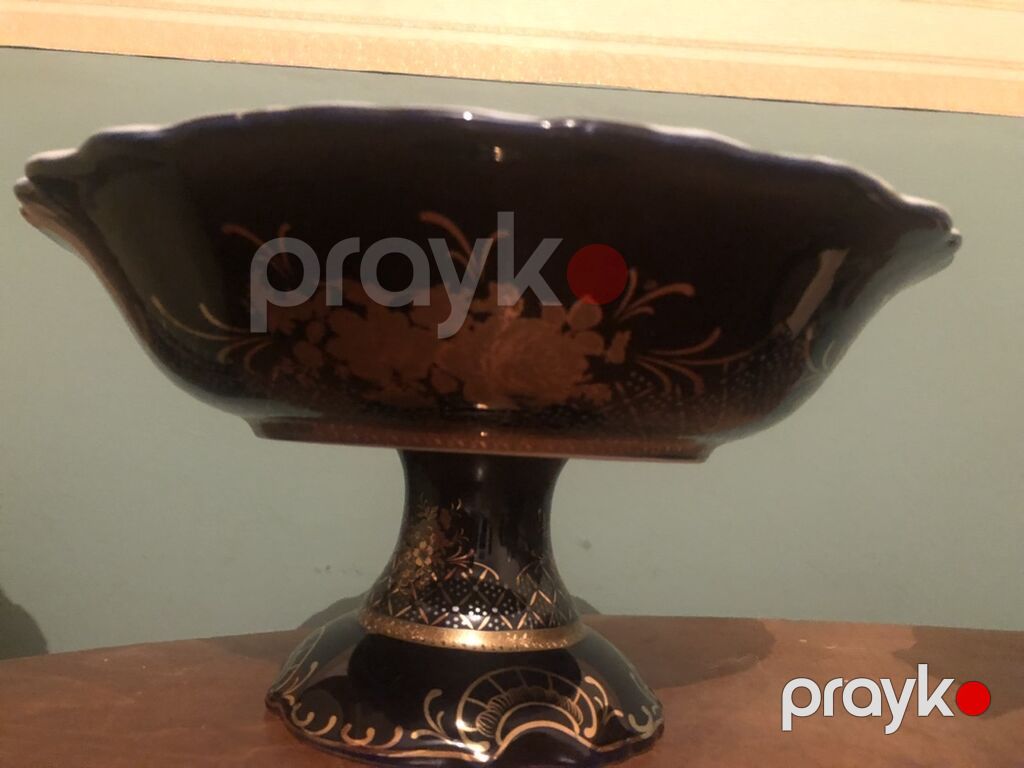 Çexiya Kobalt Vaza — Haas & Czjzek (24K Gold Plate) 24 eyar qızıl — Süfrə qabı, Bakı (3)