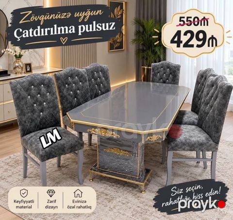 Zərif dizaynlı yemək otağı dəsti - Rəng: tünd boz (mramor effekti) — Bakı