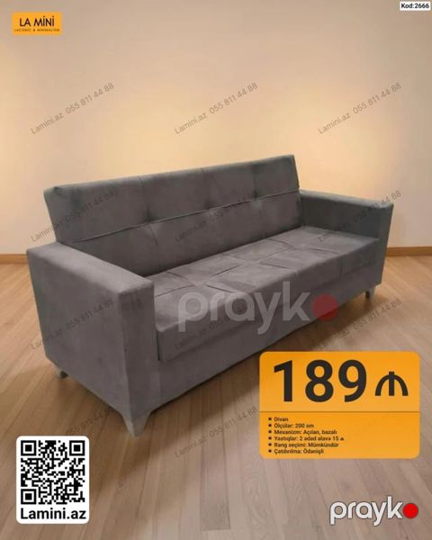 Divan – minimal dizaynlı, boz rəngdə. Xüsusiyyətlər: - Ölçü: 200 sm — Bakı