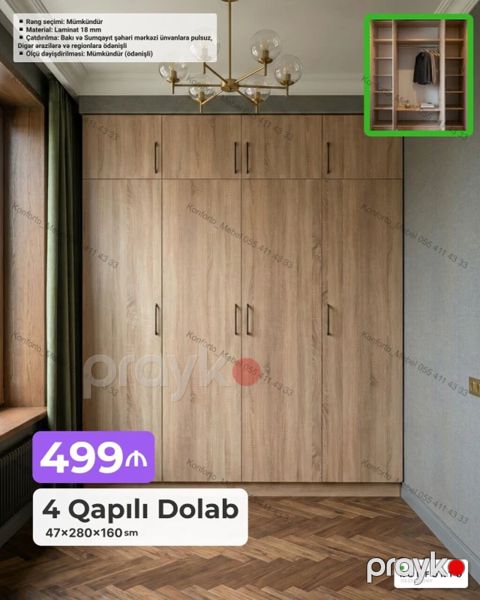4 qapılı dolab - Ölçü: 47 280 160 sm - Material: 18 mm laminat — Bakı