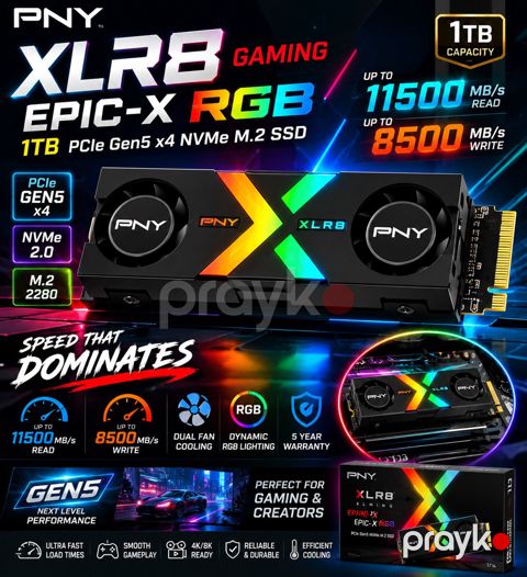 PNY XLR8 Gaming Epic-X RGB 1TB PCIe Gen5 x4 NVMe M.2 SSD UP to11500 / 8500 MB/s with RGB Dual Fan — Bakı