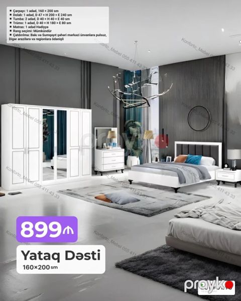 Yataq Dəsti – 160×200 sm Komplektasiya: - Çarpayı: 1 ədəd, 160×200 sm — Bakı