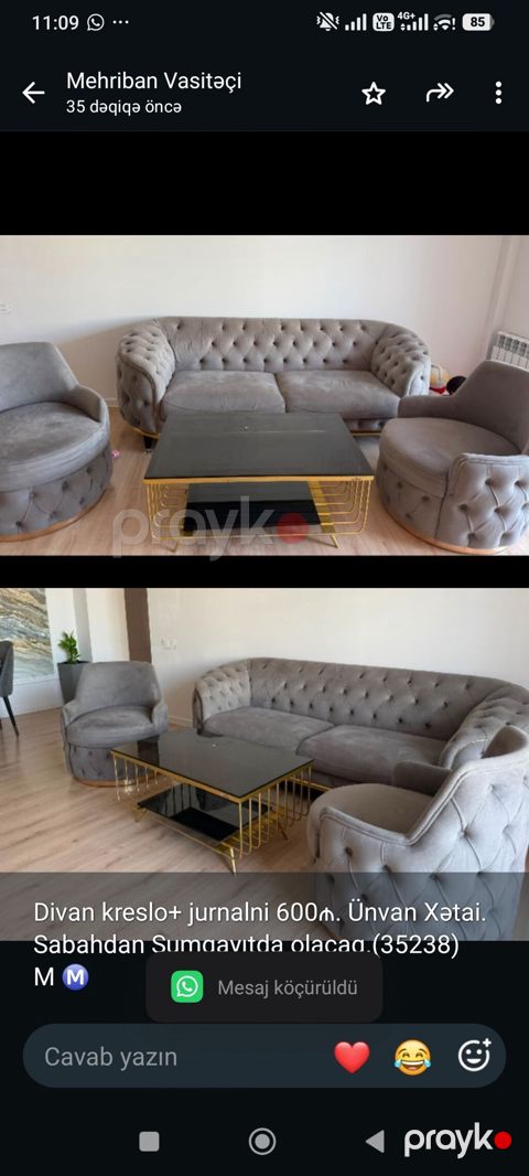 Divan kreslo+ jurnalni 600₼. Ünvan Xətai. Sabahdan Sumqayıtda — Bakı