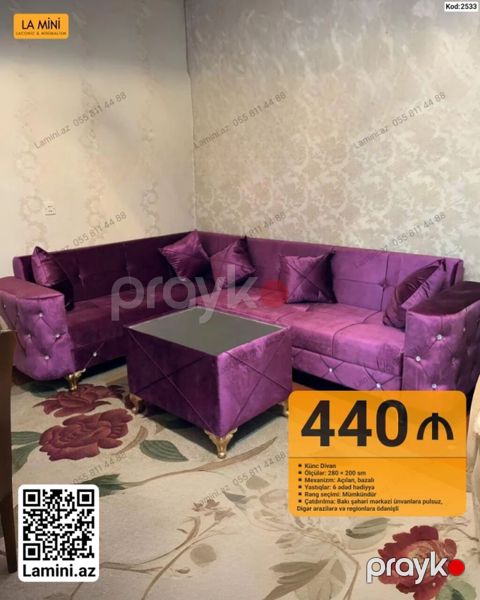 Məhsul: Künc divan dəsti - Ölçü: 280 200 sm - Mexanizm: Açılan — Bakı