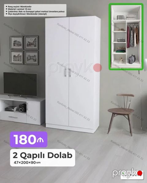 2 qapılı paltar dolabı - Ölçülər: 47 200 90 sm - Material: 18 mm — Bakı