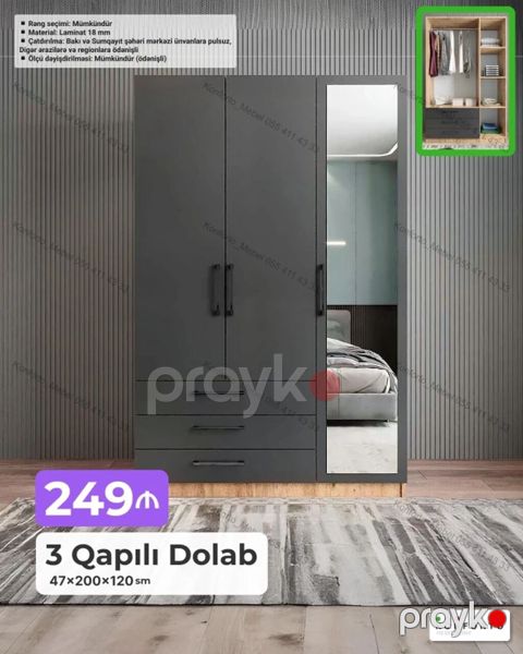 3 qapılı paltar dolabı – 47×200×120 sm - Modern dizayn, qapılardan — Bakı
