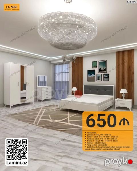 Yataq Dəsti – Kod: 2077 Dəstin tərkibi və ölçülər: - Çarpayı: 1 ədəd — Bakı