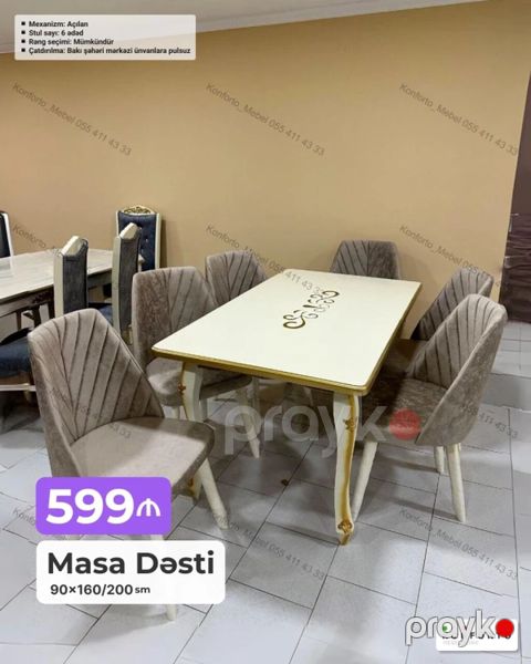 Məhsul: Masa Dəsti - Ölçü: 90×160/200 sm (açılan mexanizmli) - Stul — Bakı