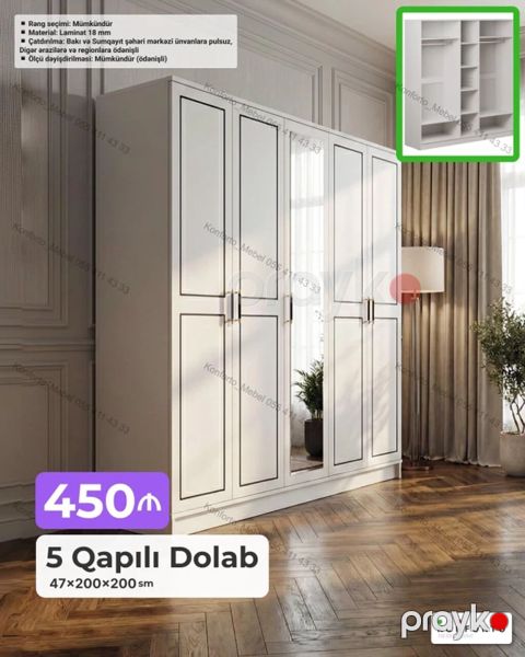 5 qapılı geyim dolabı Ölçü: 47 200 200 sm Material: 18 mm — Bakı