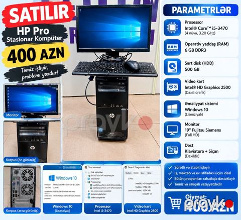 HP Pro stasionar kompüter dəsti Texniki göstəricilər: - Prosessor — Bakı