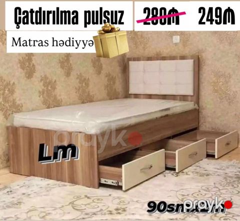 Tək nəfərlik taxta çarpayı – 90 sm x 200 sm ölçüdə. - Alt hissədə 3 — Mehdiabad