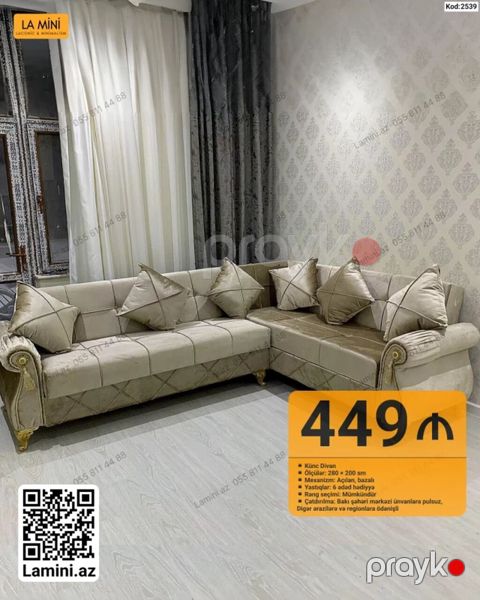 Künc divan – La Mini Ölçü: 280 200 sm Mexanizm: Açılan, bazalı — Bakı