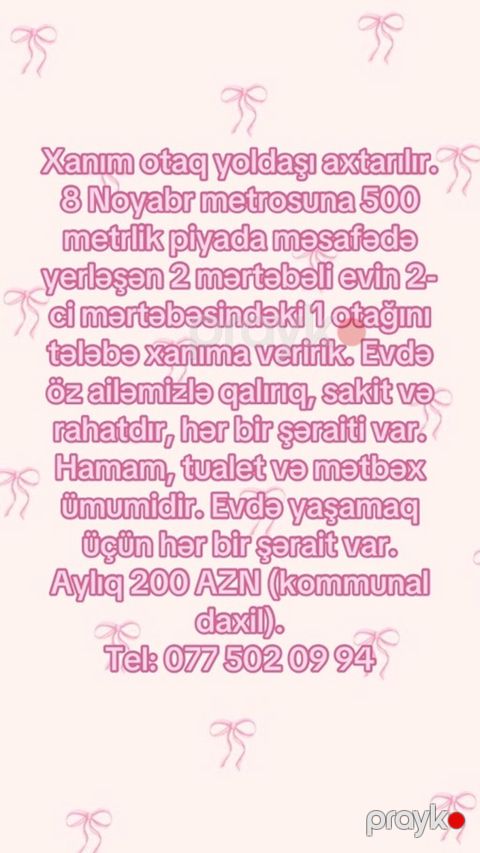 Xanım otaq yoldaşı axtarılır. 8 Noyabr metrosuna 500 metrlik piyada — Bakı